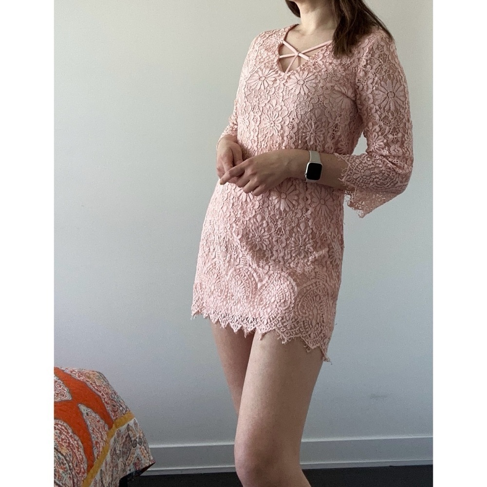 Altar'd State Crochet Lace Dress Peachy Pink V-neck long sleeve cocktail mini